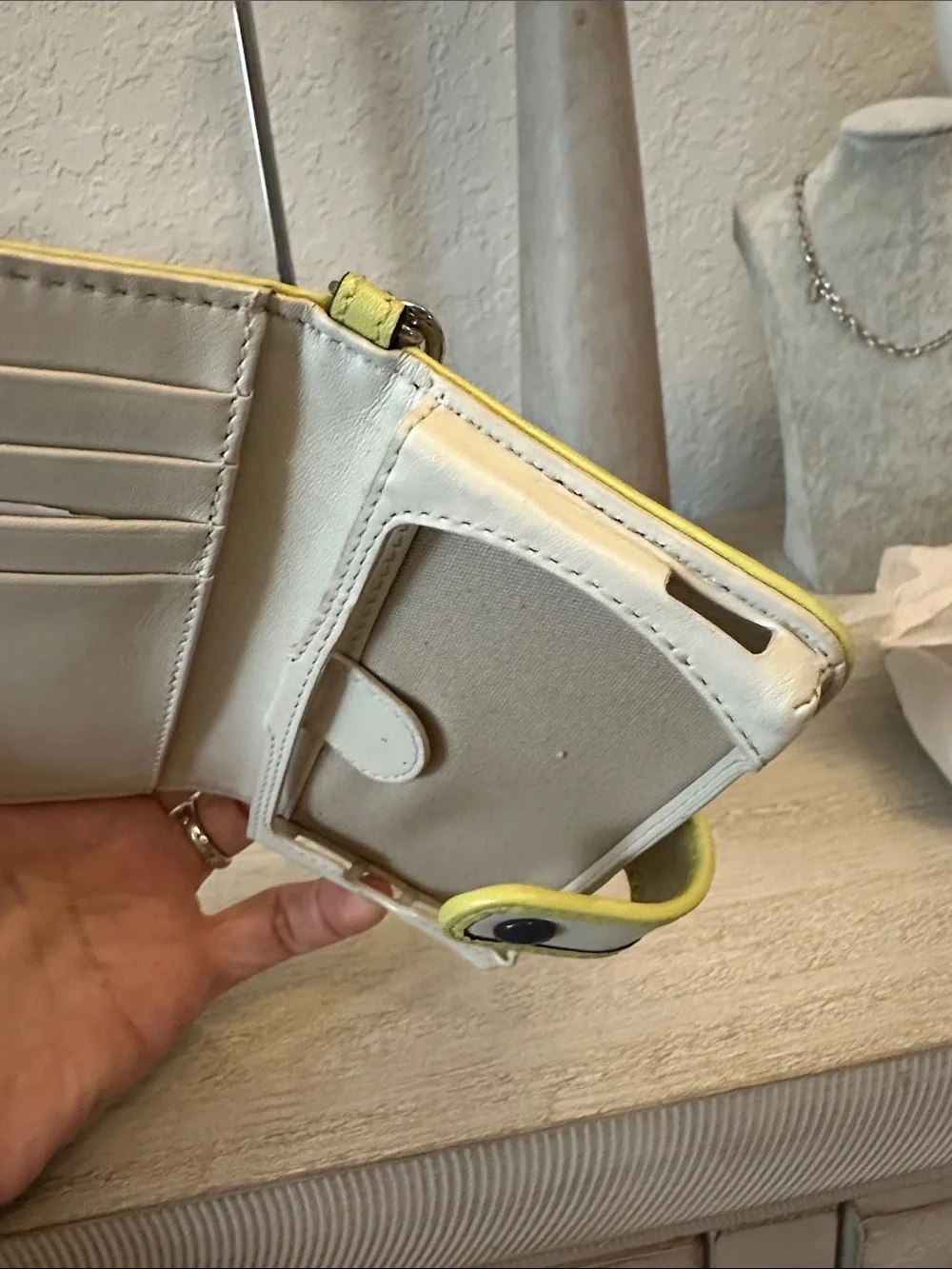 Coach White Leather Phone Case with Yellow Trim and Wristlet